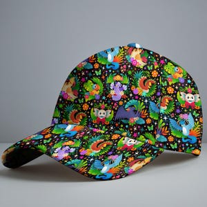 May include: A baseball cap featuring a black background with a vibrant, repeating pattern of colourful tropical birds, green palm leaves, bright orange and pink flowers, and small sparkling stars scattered throughout the entire fabric design.