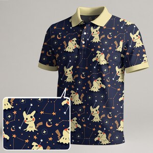 Mimikyu Polo Shirt, Cute Ghost Star Pattern Polo, Kawaii Night Sky Shirt, Trendy Summer Casual Shirt, Mimikyu Shirt Gift