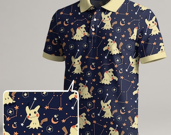 Mimikyu Polo Shirt, Cute Ghost Star Pattern Polo, Kawaii Night Sky Shirt, Trendy Summer Casual Shirt, Mimikyu Shirt Gift