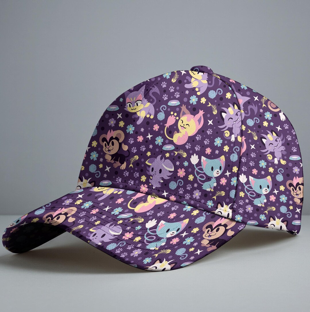 Meowth Baseball Cap, Cute Purple Cat Pattern Hat, Kawaii Galarian ...