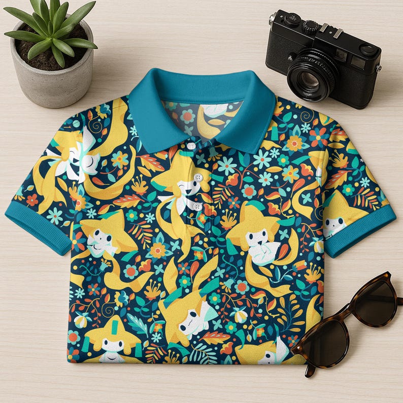 May include: A short-sleeved polo shirt with a vibrant pattern of yellow cartoon characters, flowers, and leaves on a navy blue background. The shirt has a teal collar and sleeve cuffs. The shirt is made of a soft, comfortable material.