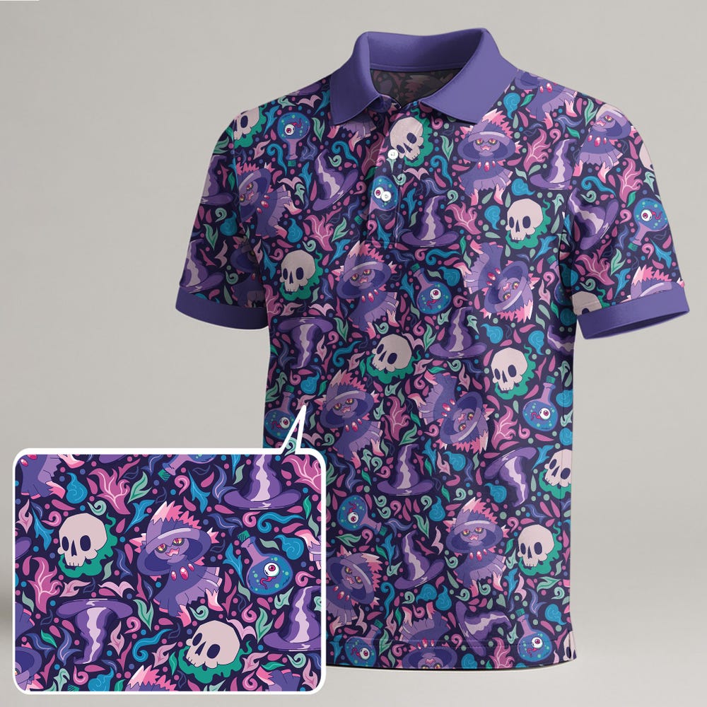 Mismagius Polo Shirt, Unisex Purple Ghost Polo With Spooky Cute Pattern, Kawaii Summer Polo Top, Funny Shirt Birthday Christmas Gift Amitytees