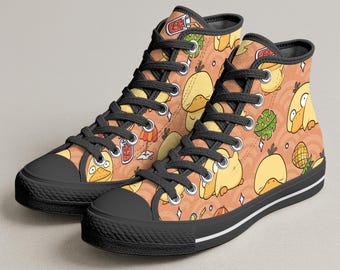Psyduck High Top Canvas Shoes, Cute Psyduck Art Pattern Sneakers, Handmade Unisex Kawaii Style, Funny Summer Design, Psyduck Shoes Gift