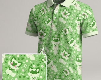 Sprigatito Polo Shirt, Cute Green Kawaii Pattern Polo, Cozy Nature Inspired Shirt, Adorable Gift Idea