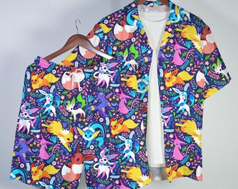 Umbreon Eevee Hawaiian Shirt Tropical Button Up Shirt Summer Beach Short Night Fantasy Pattern Matching Set Unisex Outfit Umbreon Shirt Gift