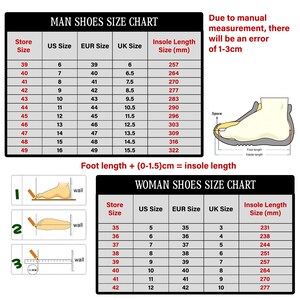 Op de afbeelding: Schoenmatentabellen voor heren en dames, met US-, EUR- en UK-maten, en binnenzoollengte in millimeters. Een diagram toont hoe de voetlengte te meten. De tekst "Due to manual measurement, there will be an error of 1-3cm" is ook aanwezig.