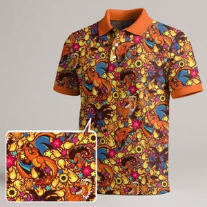 May include: A short-sleeved polo shirt with an orange collar and sleeve cuffs. The shirt features an all-over print of orange dragon-like creatures, yellow flames, pink flowers, and multi-colored stars against a dark brown background.
