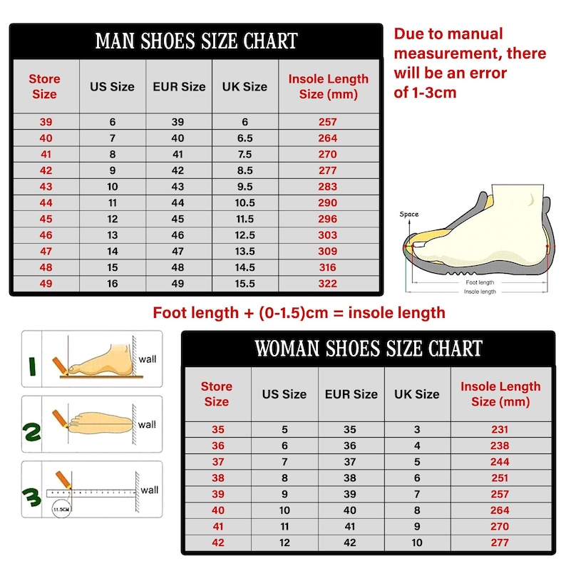 May include: Shoe size charts for men and women, with US, EUR, and UK sizes, and insole length in millimeters. Includes a diagram illustrating how to measure foot length for accurate sizing. The text "Due to manual measurement, there will be an error of 1-3cm" is also present.