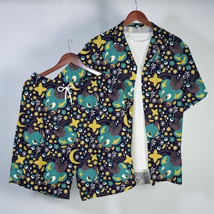 Shinx Hawaiiskjorta Tropisk skjorta med knappar Söt elektrisk katt Sommarstrandshorts Matchande set Unisex-outfit Shinx-skjorta Presenter
