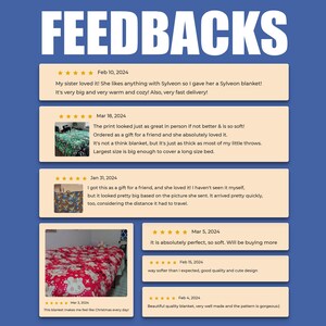 May include: A graphic display titled FEEDBACKS featuring six customer reviews with five-star ratings. The reviews include text comments and two small square photographs showing a patterned blanket on a bed, set against a solid blue background.