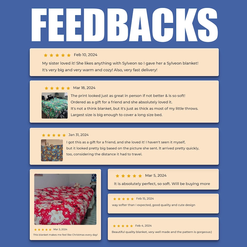 May include: A graphic display titled FEEDBACKS featuring six customer reviews with five-star ratings. The reviews include text comments and two small square photographs showing a patterned blanket on a bed, set against a solid blue background.