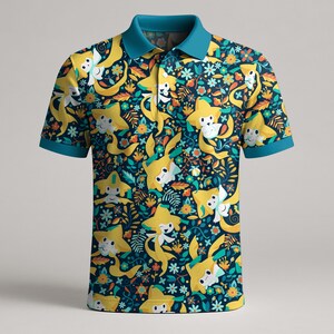 May include: A short-sleeved polo shirt with a vibrant pattern of yellow cartoon characters and floral elements on a navy blue background. The shirt has a teal collar and sleeve cuffs.