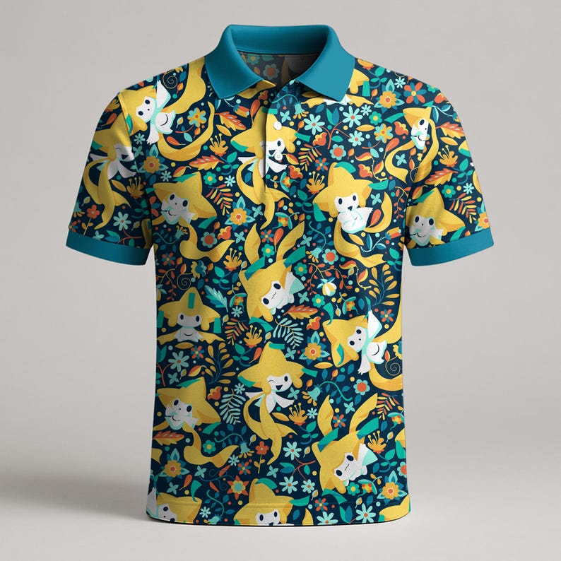 May include: A short-sleeved polo shirt with a vibrant pattern of yellow cartoon characters and floral elements on a navy blue background. The shirt has a teal collar and sleeve cuffs.