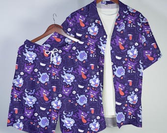Gengar Gastly Hawaiian Shirt Tropical Button Up Shirt Funny Summer Beach Short Ghost Pattern Matching Set Unisex Outfit Gengar Shirt Gifts
