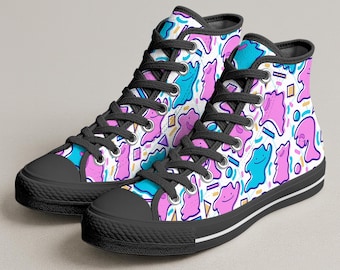 Ditto High Top Canvas Shoes, Cute Shiny Ditto Pattern Sneakers, Handmade Unisex Design, Colorful Kawaii Style, Ditto Shoes Gifts