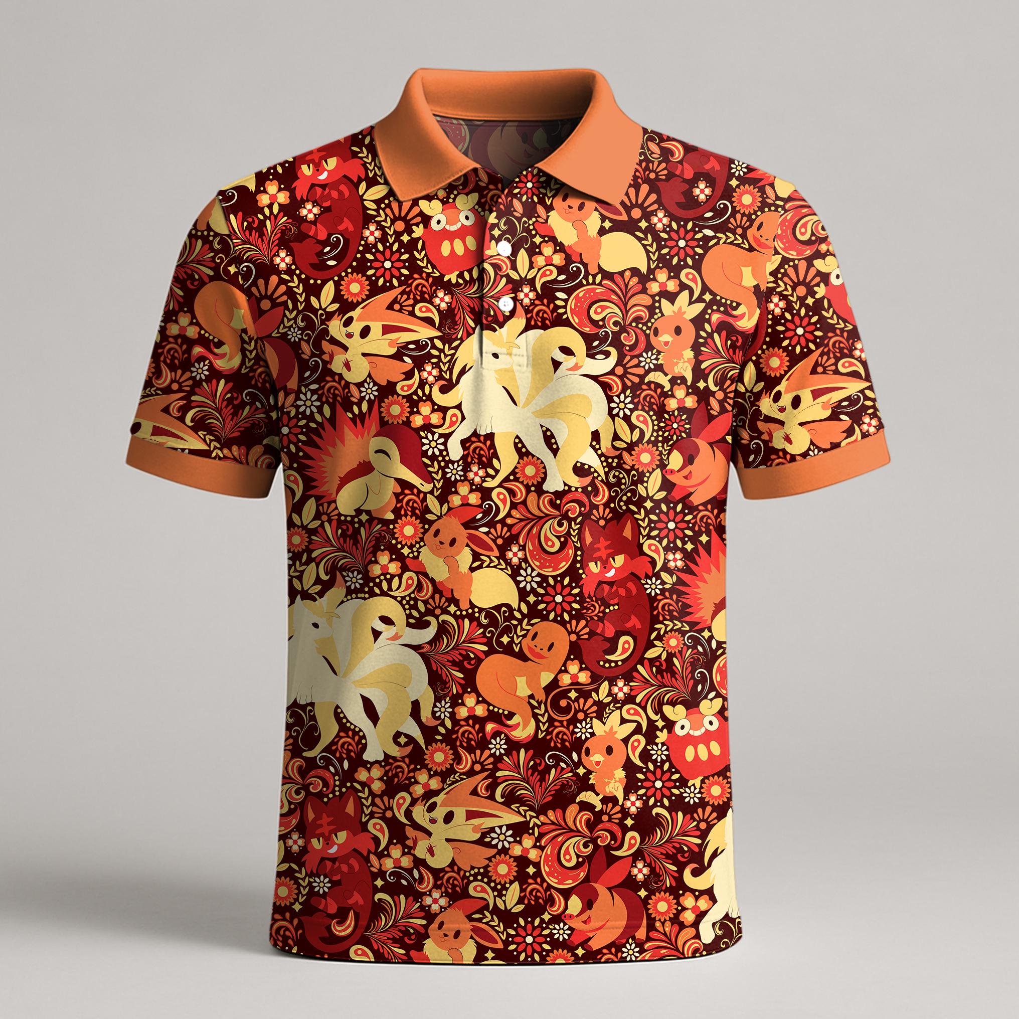 Discover Ninetales Eevee Polo Shirt, Cute Kawaii Summer Polo for Men Women, Vintage Funny Pattern Polo Shirt, Casual Outfit Eevee Shirt Gifts