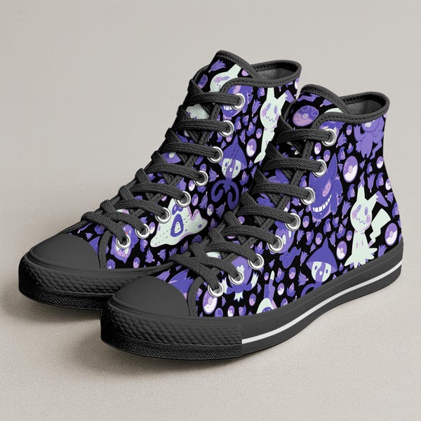 May include: High-top canvas sneakers with a black rubber sole and black laces. The sneakers feature a repeating pattern of purple and white cartoon characters on a black background. The shoes have a white stripe along the sole.