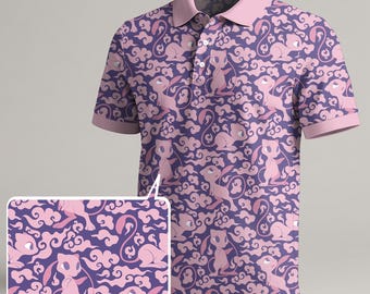 Mew Polo Shirt, Ancient Mew Pattern Polo, Cute Pink Cloud Polo, Kawaii Summer Shirt, Funny Trendy Gift, Vintage Polo Top, Mew Shirt Gifts