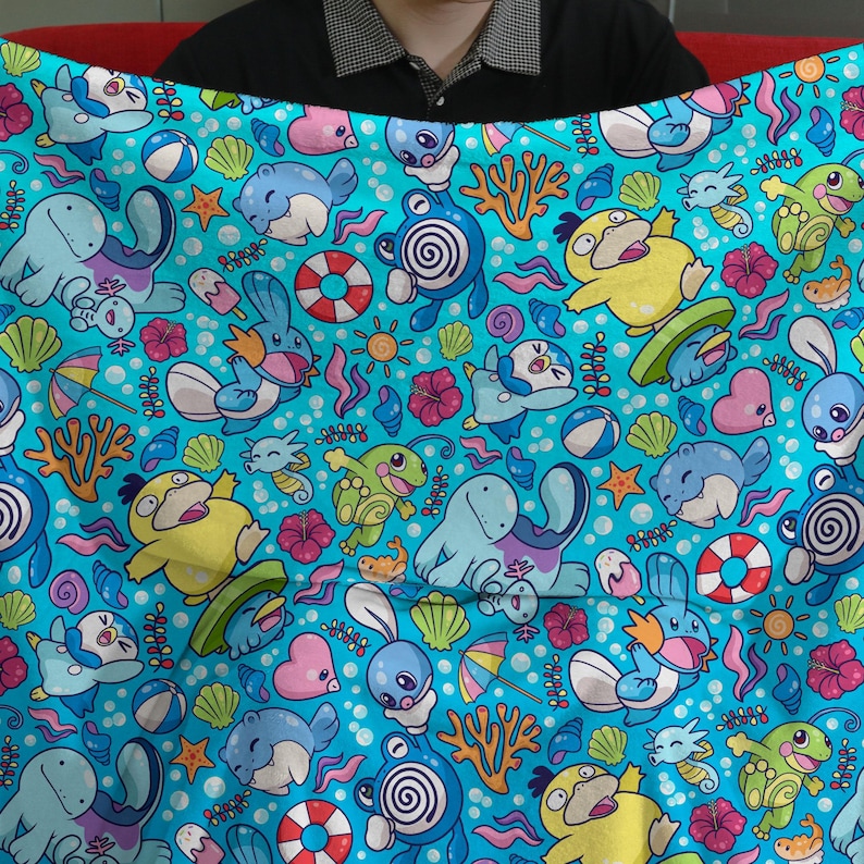 Frog Repeating Pattern Psyduck Wooper Fleece Blanket Funny Ocean Cozy Throw Blanket Cute Beach ...