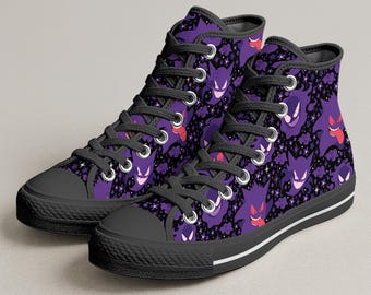 Gengar High Top Canvas Shoes, Cute Purple Ghost Sneakers, Handmade Unisex Kawaii Shoes, Printed Canvas Shoes, Gengar Gift