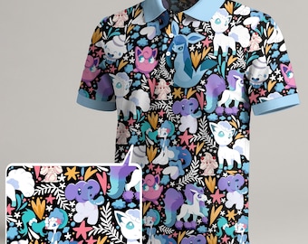 May include: Black polo shirt with a colorful pattern of cartoon creatures, stars, and floral elements. The shirt has a light blue collar and sleeve cuffs. The design features various characters in shades of blue, pink, purple, and white.