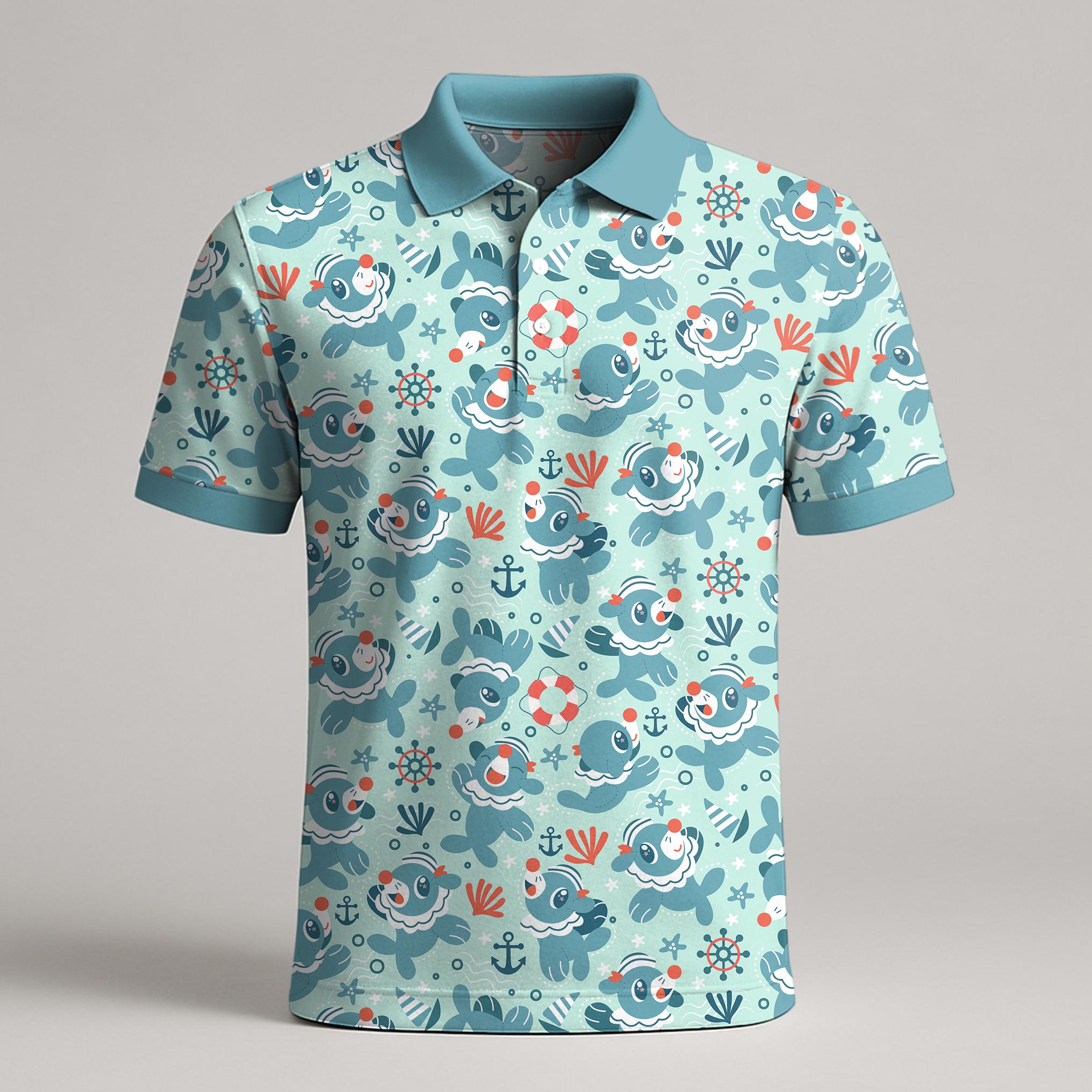 Discover Popplio Polo Shirt, Cute Ocean Seal Pattern Polo, Kawaii Summer Shirt, Funny Polo Gift, Aqua Blue Beach Shirt