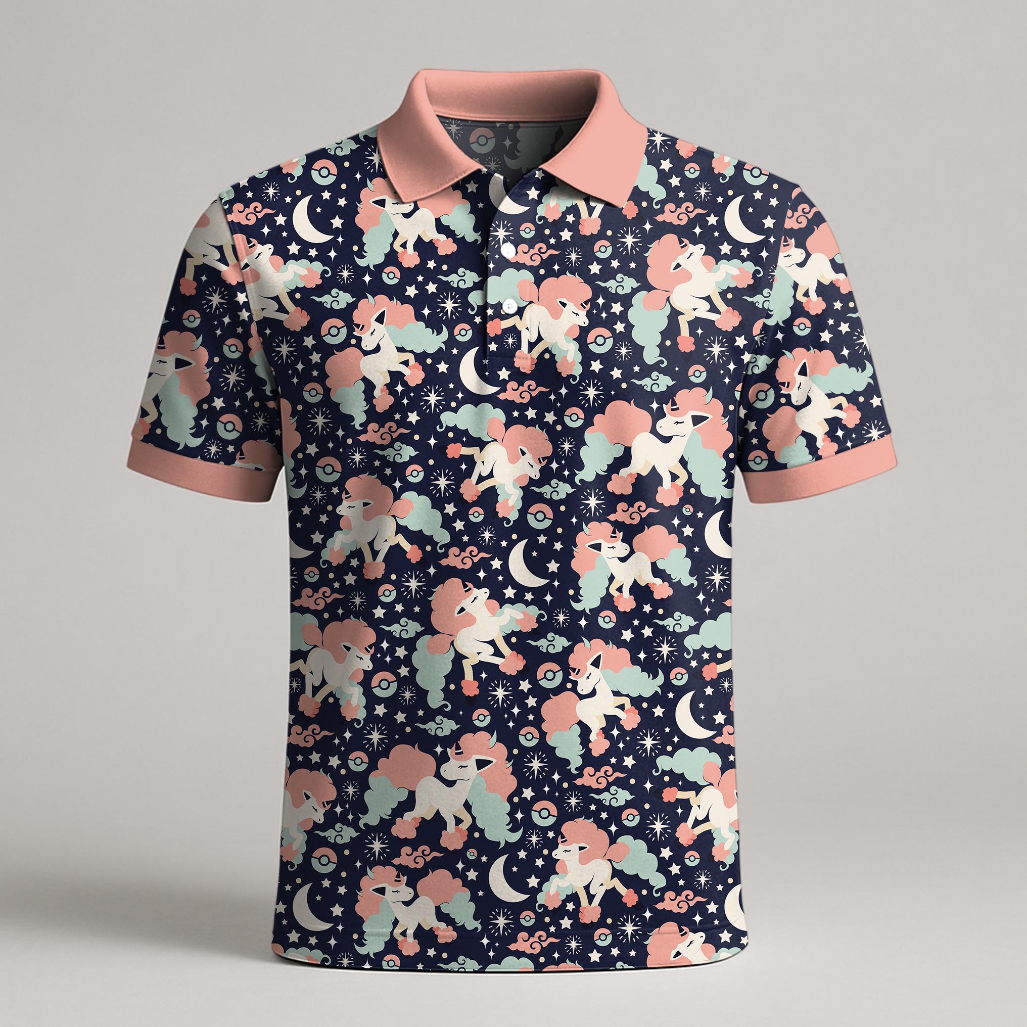 Discover Galarian Ponyta Polo Shirt, Unicorn Pattern Polo for Men Women, Cute Ponyta Shirt, Kawaii Fantasy Summer Shirt, Birthday Gift
