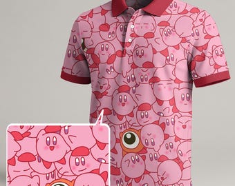 Kirby Polo Shirt, Funny Pink Summer Shirt for Men and Women, Kawaii Gift Tee, Cute Vintage Style Polo for Kirby Fans
