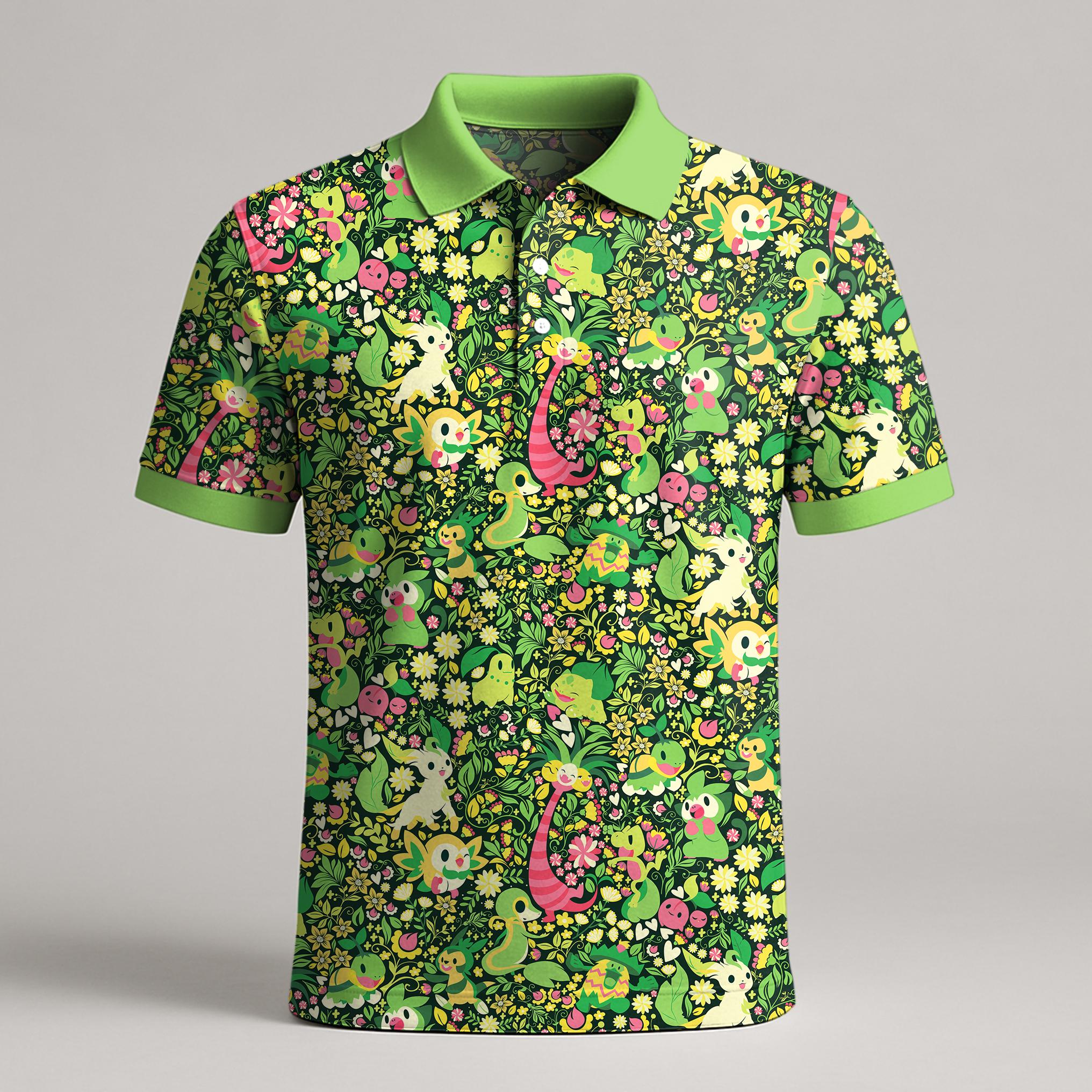 Discover Bulbasaur Grookey Polo Shirt, Cute Green Kawaii Summer Polo Top, Funny Mens Polo Shirt Pattern, Bulbasaur Gift Shirt