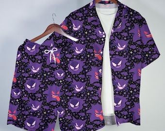 Gengar Hawaiiaans shirt tropisch button-up shirt Spooky Summer Beach Shorts Ghost patroon bijpassende set Unisex outfit Gengar shirt geschenken