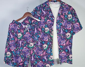 Mismagius Hawaiian Shirt Spooky Geister Hexe Button Up Shirt Halloween Sommer Strand Matching Set Unisex Outfit Mismagius Shirt Geschenke