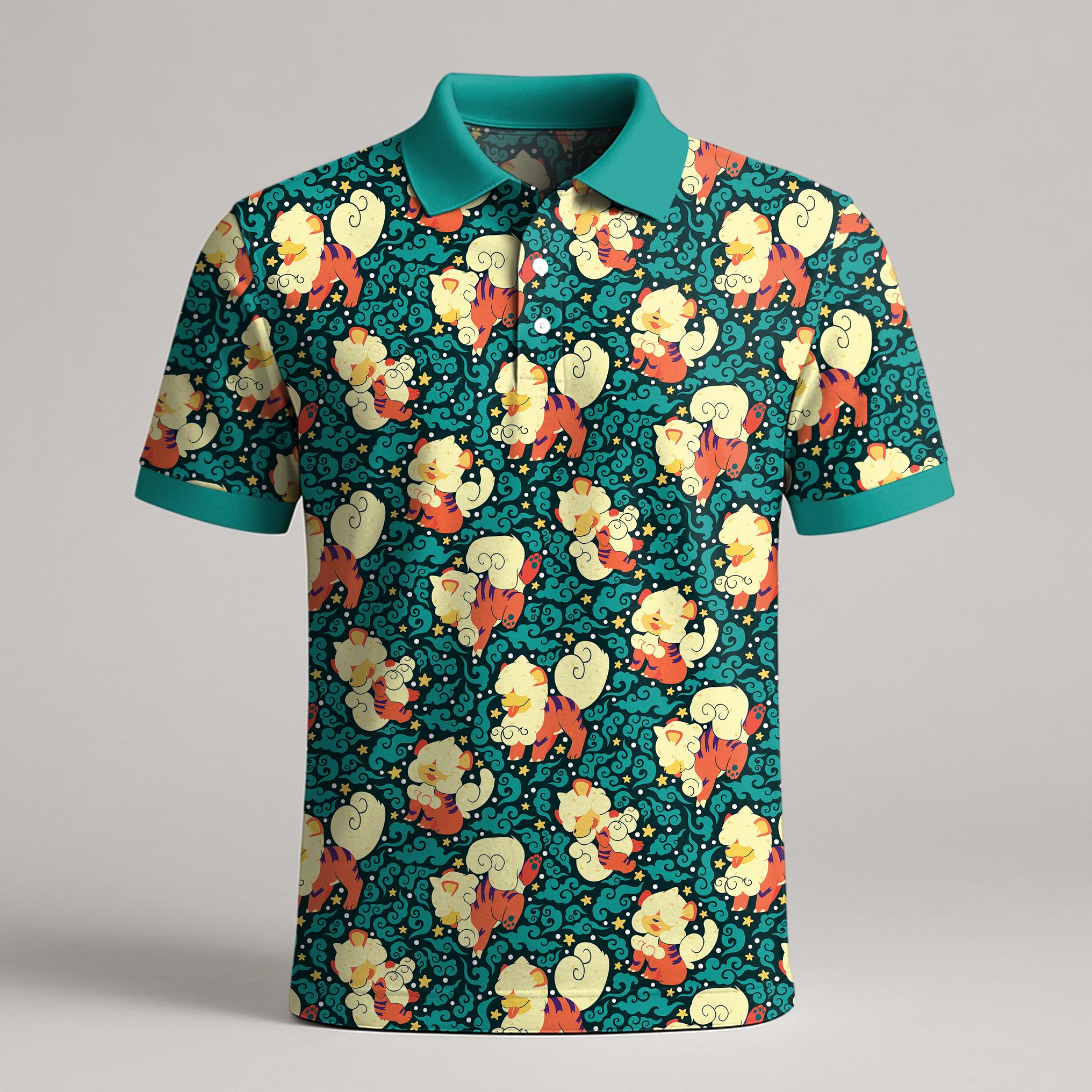 Discover Hisuian Growlithe Polo Shirt, Arcanine Flame Pattern Polo, Kawaii Fire Dog Shirt, Funny Summer Gift, Cute Growlithe Shirt Gifts