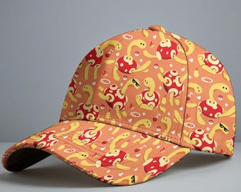 May include: Orange baseball cap with a repeating pattern of yellow turtles wearing sunglasses and red shells. The turtles are set against a background of pizza slices and hearts. The cap has a curved brim.