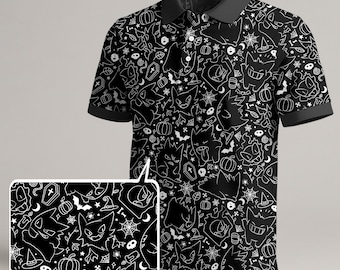 Gengar Polo Shirt, Spooky Black Line Art Pattern Polo Shirt, Cute Ghost Kawaii Shirt, Funny Halloween Shirt Gengar Shirt Gifts