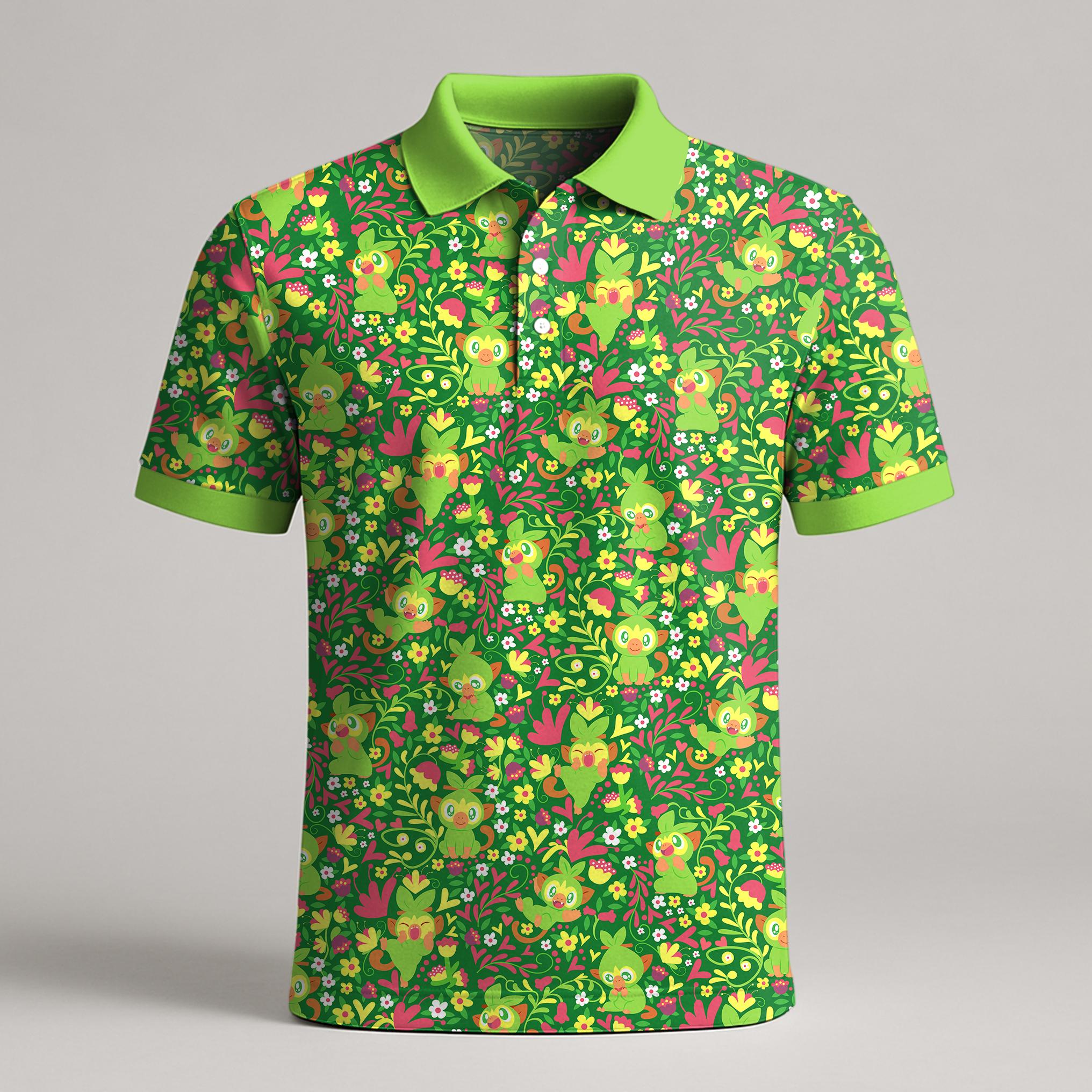Discover Grookey Polo Shirt, Jungle Polo with Cute Monkey Pattern, Kawaii Summer Polo Shirt, Funny Birthday Gift, Grookey Shirt Gifts