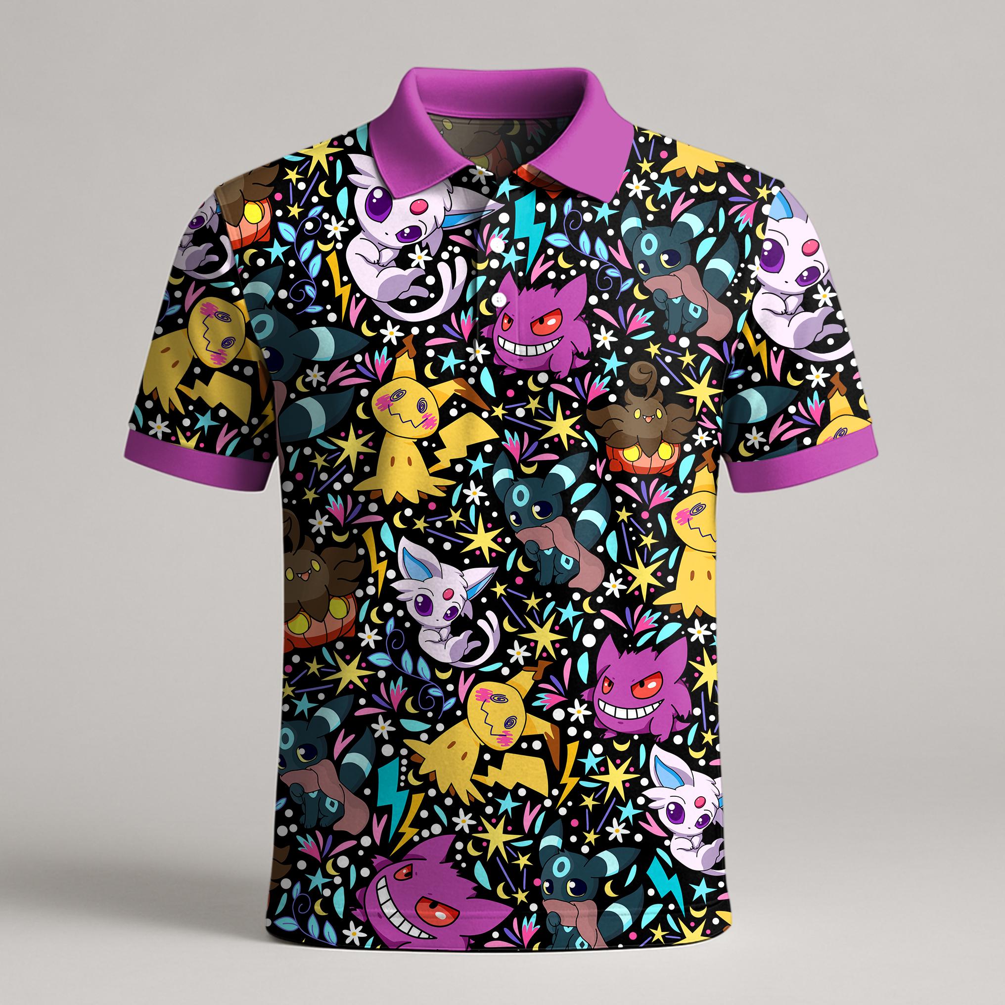 Discover Gengar Mimikyu Polo Shirt, Kawaii Pattern Summer Polo, Funny Vintage Outfit, Cute Summer Polo, Gengar Shirt Gift