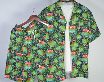 Camicia hawaiana Bulbasaur Venusaur, camicia tropicale con bottoni, pantaloncini estivi da spiaggia, outfit unisex, regali con maglietta Bulbasaur