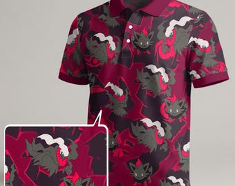 Zorua Polo Shirt, Unisex Dark Red Pattern Polo, Kawaii Summer Polo Top, Funny Trendy Shirt for Birthday Gift, Zorua Shirt Gifts