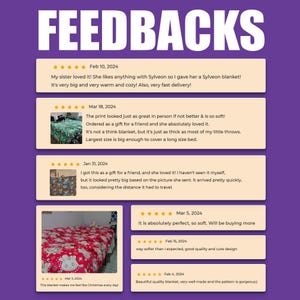 May include: A graphic display titled FEEDBACKS featuring multiple customer reviews with five-star ratings. The reviews include text comments and small square photographs showing blankets with various colorful patterns spread across beds.