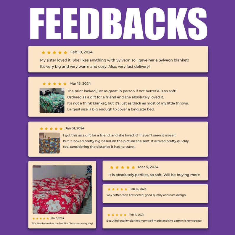 May include: A graphic display titled FEEDBACKS featuring multiple customer reviews with five-star ratings. The reviews include text comments and small square photographs showing blankets with various colorful patterns spread across beds.