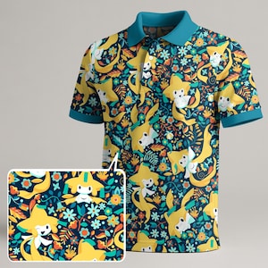 May include: A short-sleeved polo shirt with a vibrant pattern featuring yellow cartoon characters, flowers, and foliage on a navy blue background. The shirt has a teal collar and sleeve cuffs. The design is repeated on the shirt.