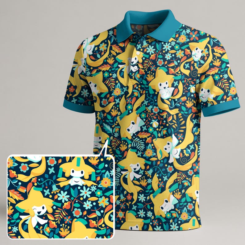 May include: A short-sleeved polo shirt with a vibrant pattern featuring yellow cartoon characters, flowers, and foliage on a navy blue background. The shirt has a teal collar and sleeve cuffs. The design is repeated on the shirt.