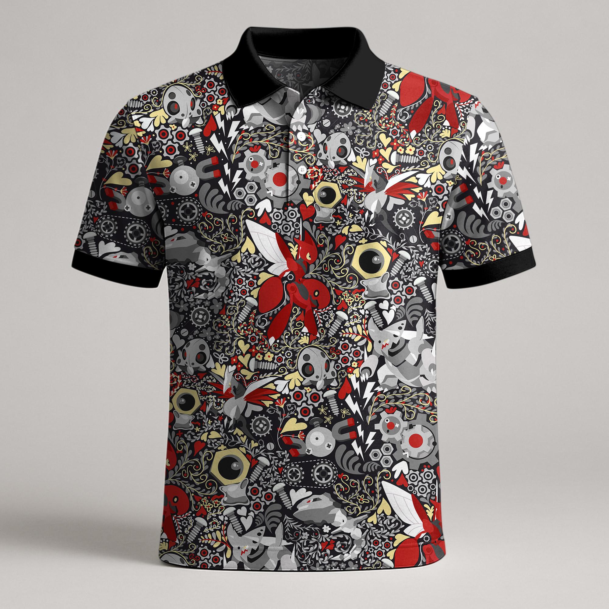 Discover Scizor Aggron Polo Shirt, Polo with Cool Red and Gray Pattern, Summer Polo Top, Birthday Gift, Scizor Shirt Gifts