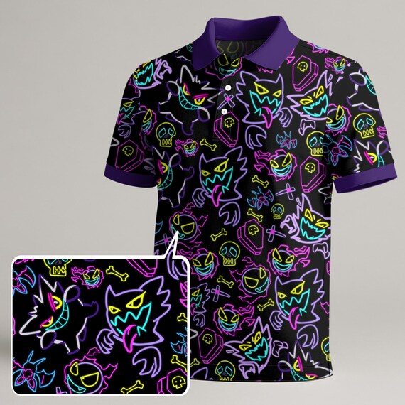 Neon Gengar Polo Shirt, Funny Kawaii Shirt for Men and Women, Glow-Inspired Summer Polo, Trendy Cute Gengar Gift, Ghost Gengar Shirt Gifts