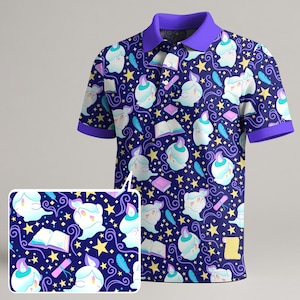 May include: A navy blue polo shirt with a repeating pattern of cartoon ghost-like figures, stars, books, and feathers. The shirt has a purple collar and sleeve cuffs. The design is whimsical and colorful.