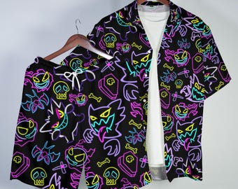 Gengar Hawaiian Shirt Tropical Button Up Shirt Summer Beach Short Neon Ghost Pattern Matching Set Unisex Outfit Gengar Shirt Gifts