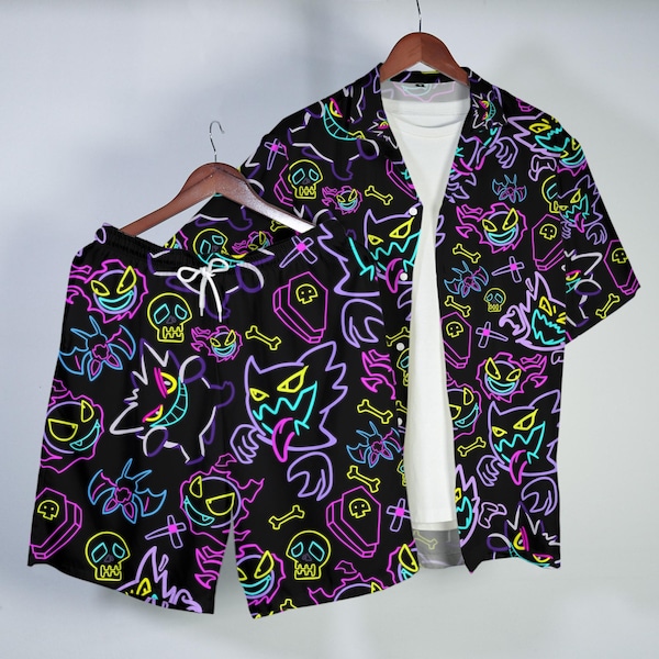 Chemise hawaïenne Gengar chemise boutonnée tropicale été plage courte néon fantôme motif assorti ensemble tenue unisexe chemise Gengar cadeaux