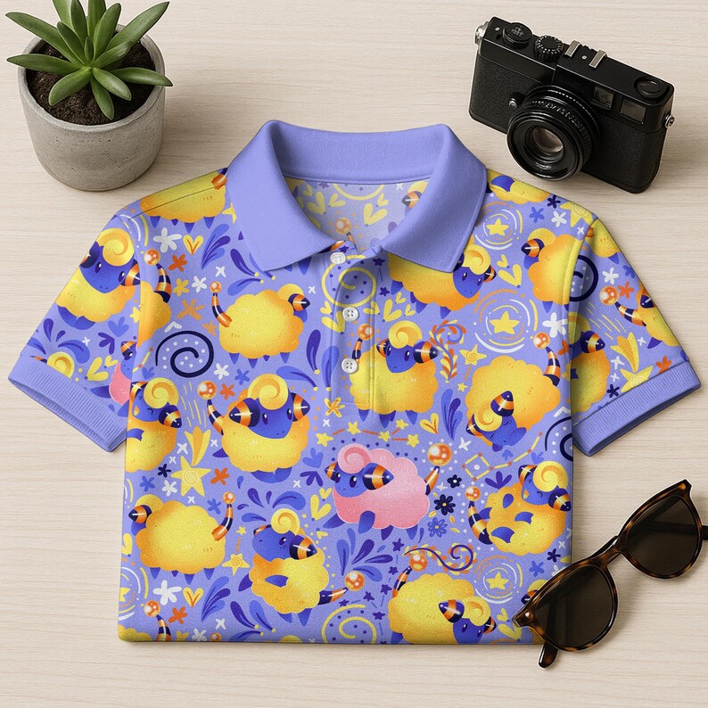 May include: A short-sleeved polo shirt with a whimsical sheep pattern in yellow, blue, and pink on a lavender background. The shirt has a light blue collar and cuffs. A camera and sunglasses are next to the shirt.