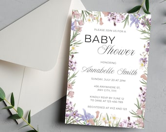 Invito per baby shower floreale viola, invito per baby shower floreale, modello per invito per baby shower, modello per invito, invito con fiori di campo
