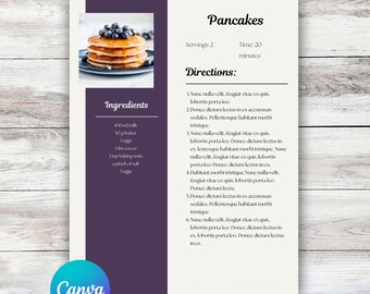May include: A recipe card for pancakes with a photo of a stack of pancakes topped with blueberries. The card includes ingredients and directions. The Canva logo is in the bottom left corner.